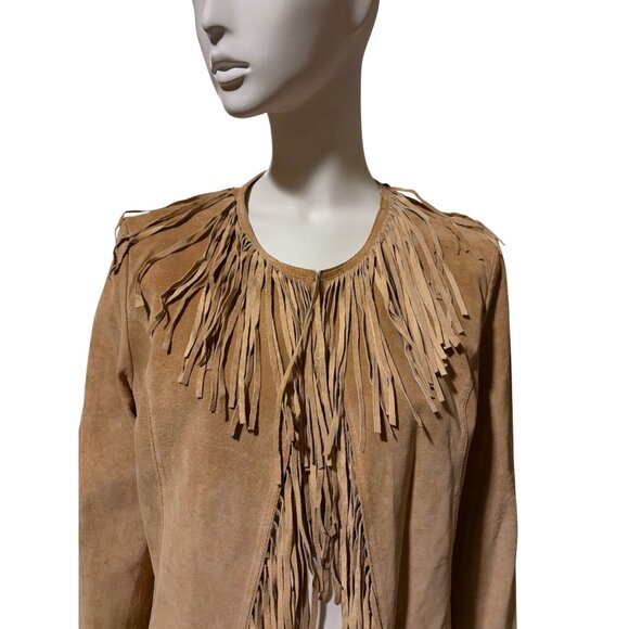Vintage Suede Fringe Jacket L Tan Western Cowgirl Rodeo Boho 100% Leather - Picture 3 of 12
